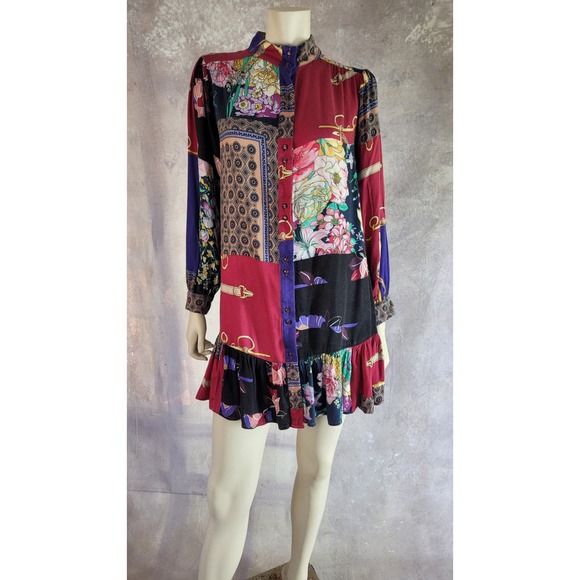 Anthropologie patchwork print shirt tunic with bottom ruffle sz M - Picture 1 of 13